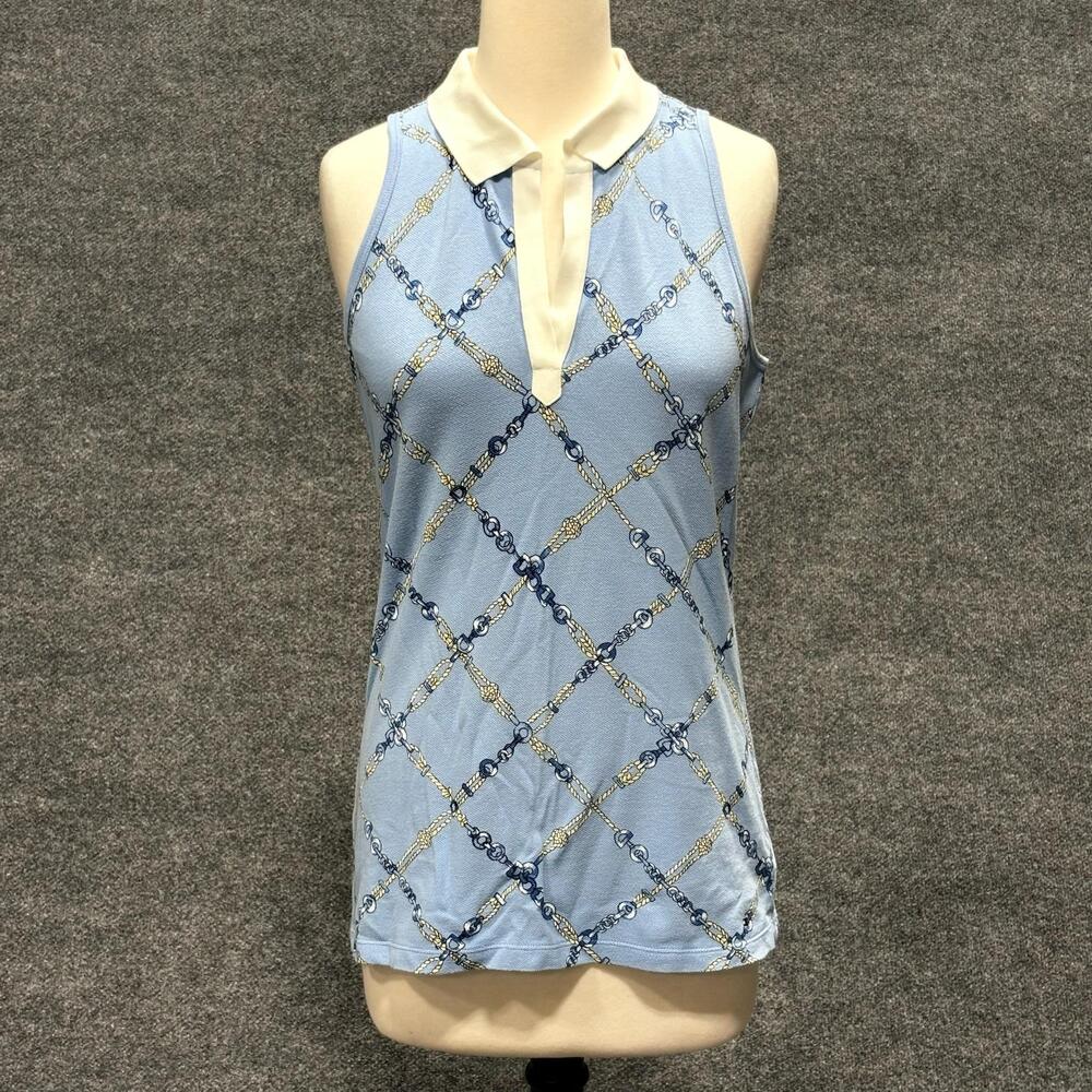 Tommy Hilfiger Polo Shirt Womens Large Blue Nautical Chain Print Sleeveless